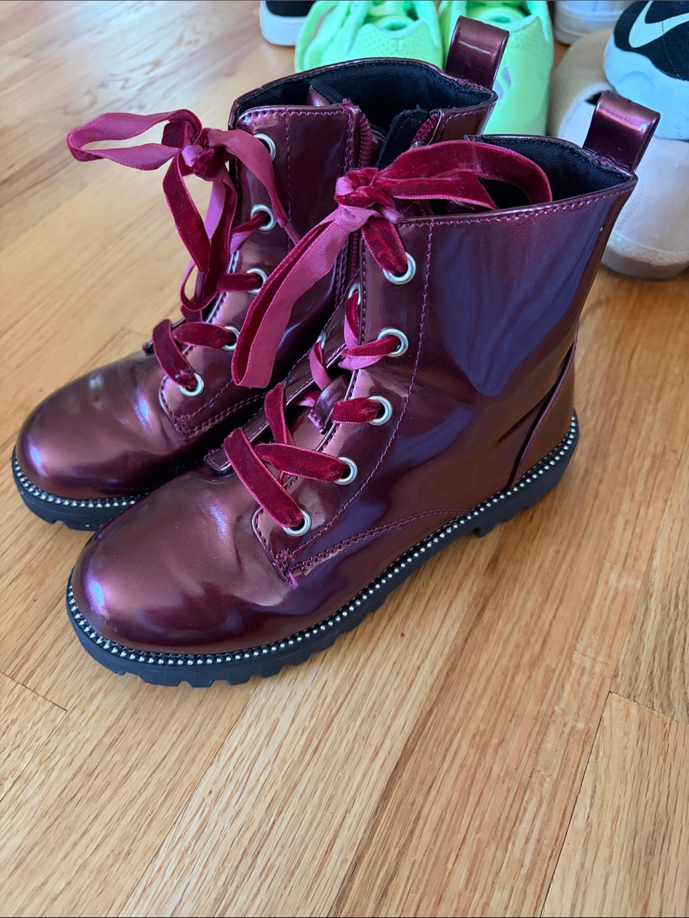 Kids Metallic Burgundy Lace-Up Combat Boots - 1